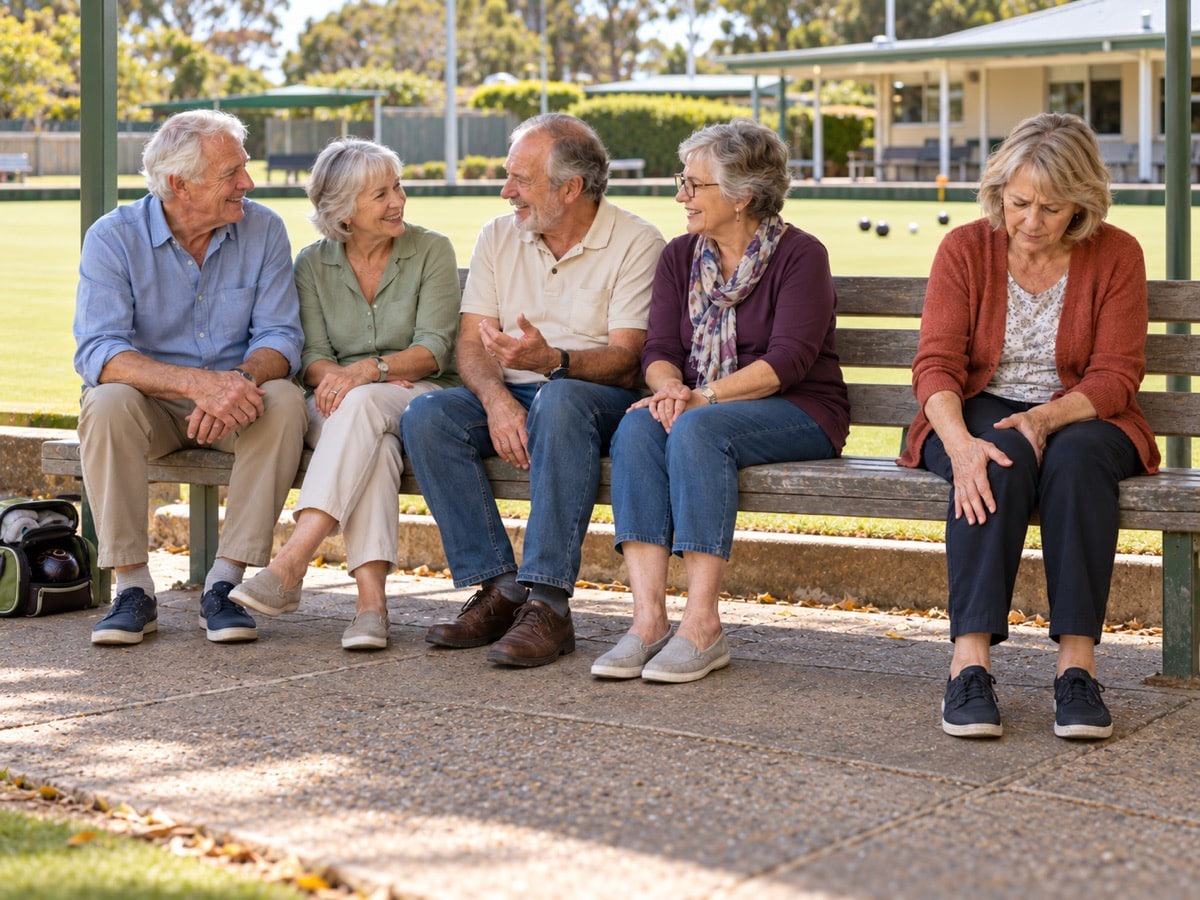 Five older adults at a lawn bowls club; one sits with a hand on her knee.
