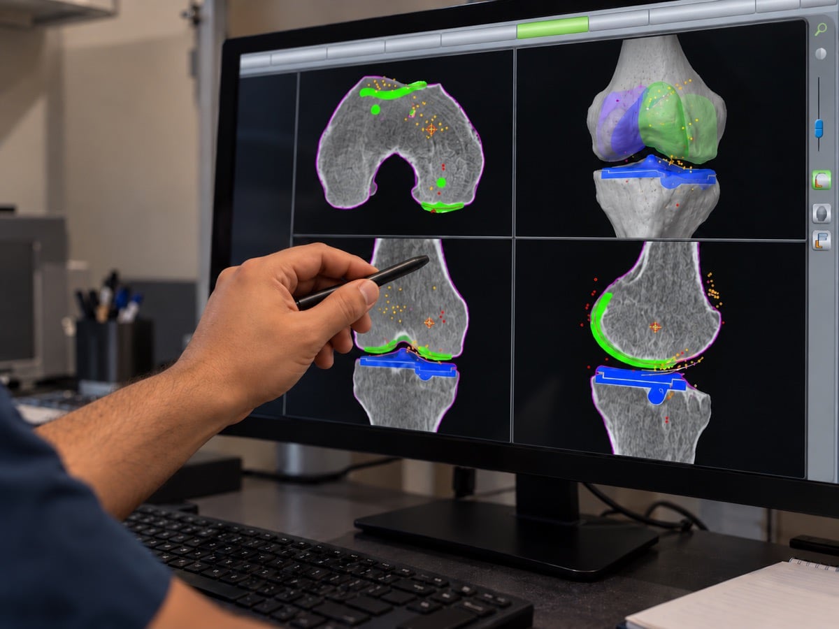 Dr Yas’s hand points to four knee planning views on a medical monitor.