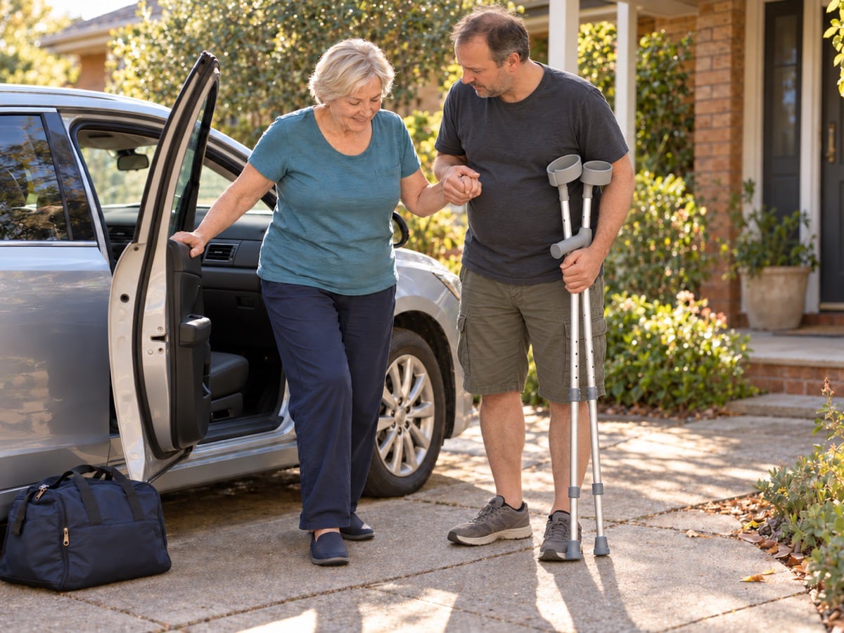 A woman is helped out of a car by her adult son, who carries her crutches.
