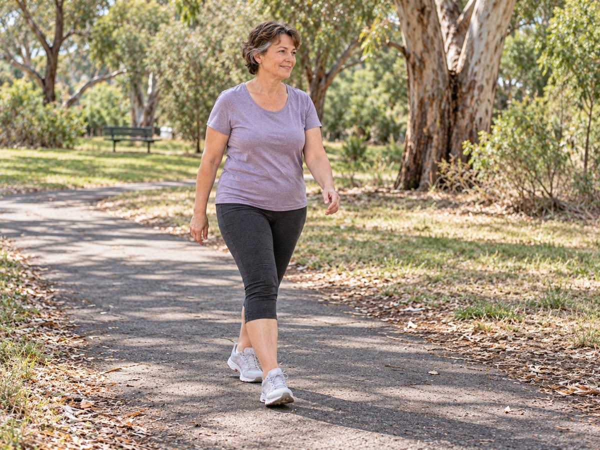 A woman taking a gentle walk along a worn park path.