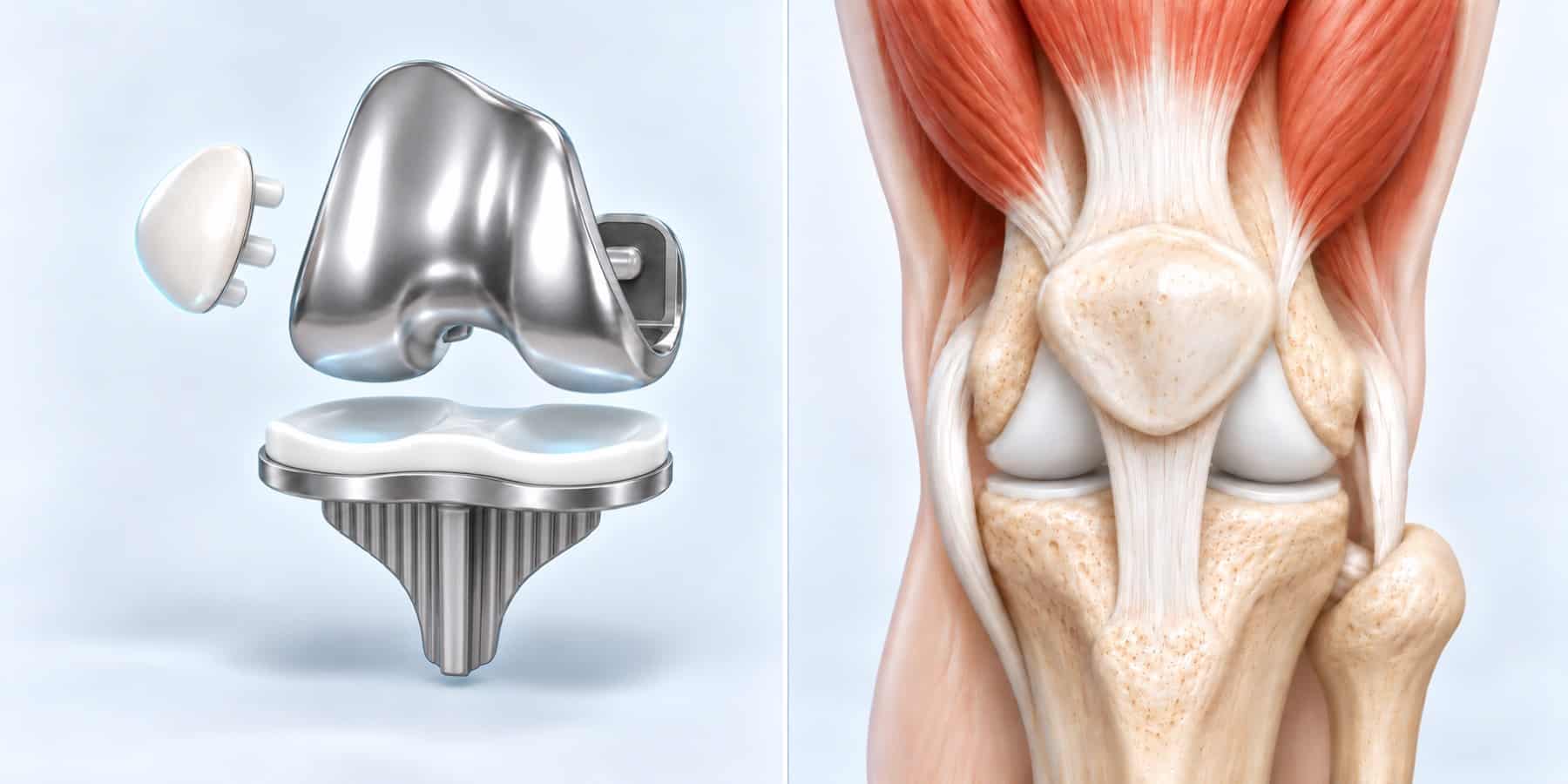 Replacement components beside the natural bones, muscles and supporting knee tissues.
