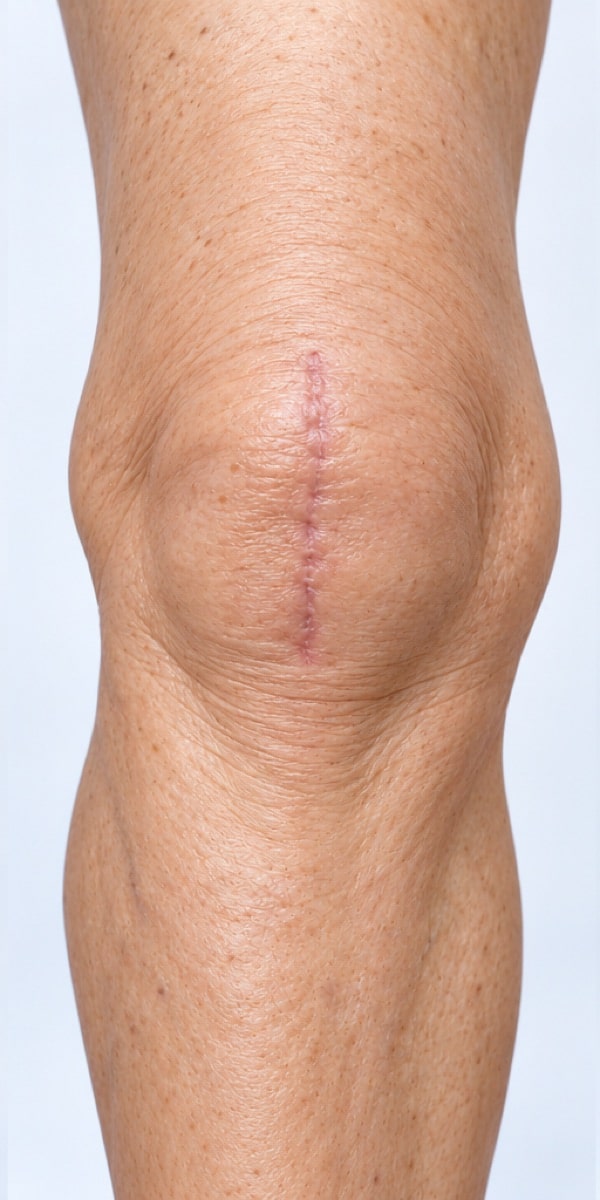 Front of a knee with a short, healed central scar.