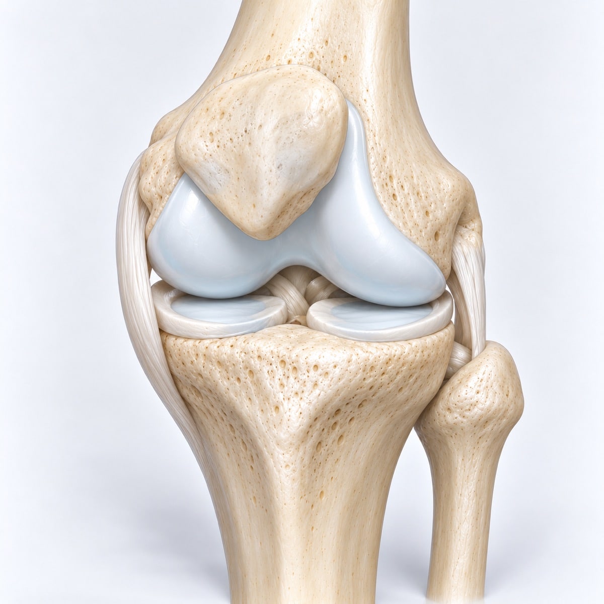 Healthy knee showing smooth cartilage and the kneecap.