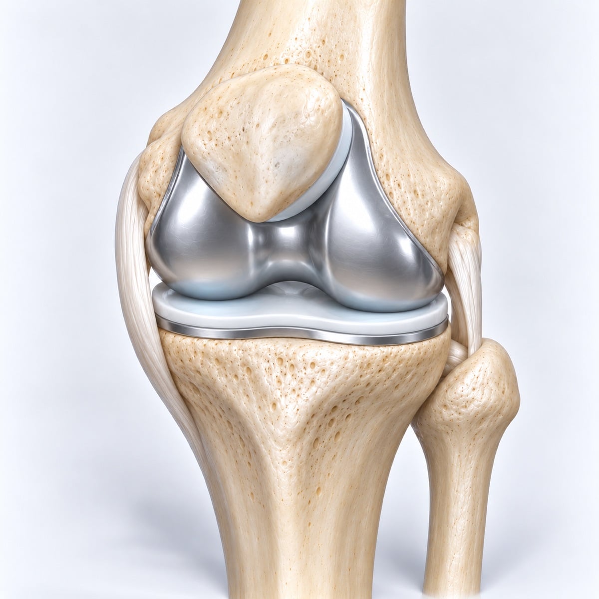 Knee resurfaced with metal components and a white plastic bearing.
