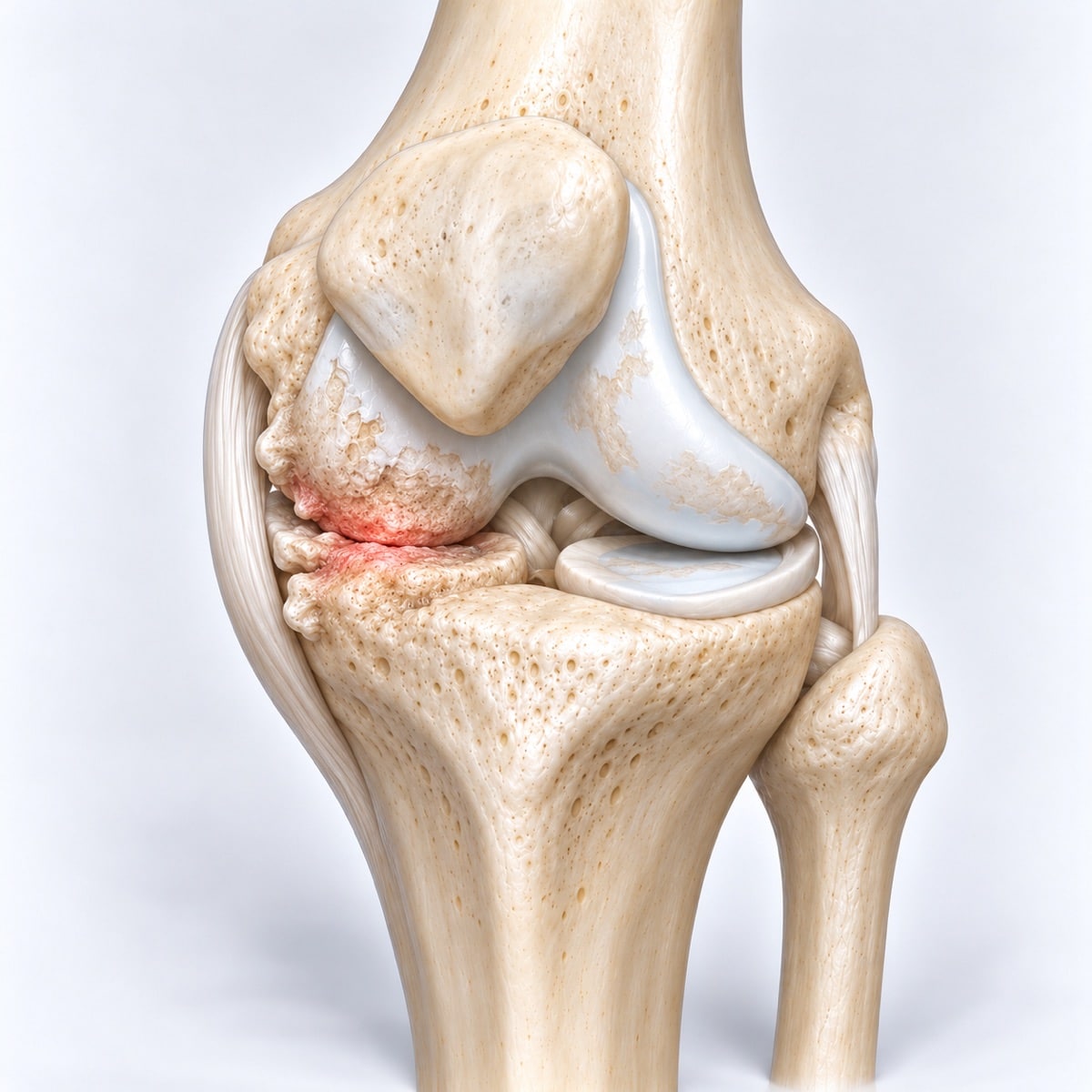 Arthritic knee with cartilage loss and bone contact on the inner side.