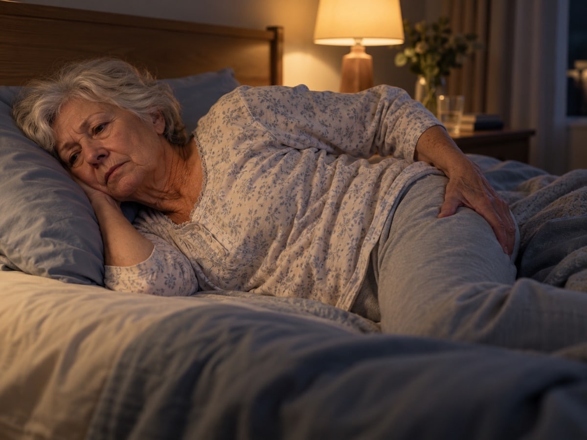 A woman awake in bed with a hand resting over her outer hip.