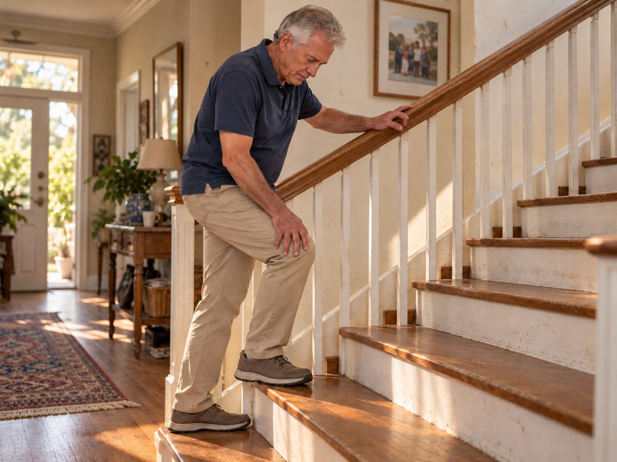 An older man pauses on stairs at home with a hand on his knee.