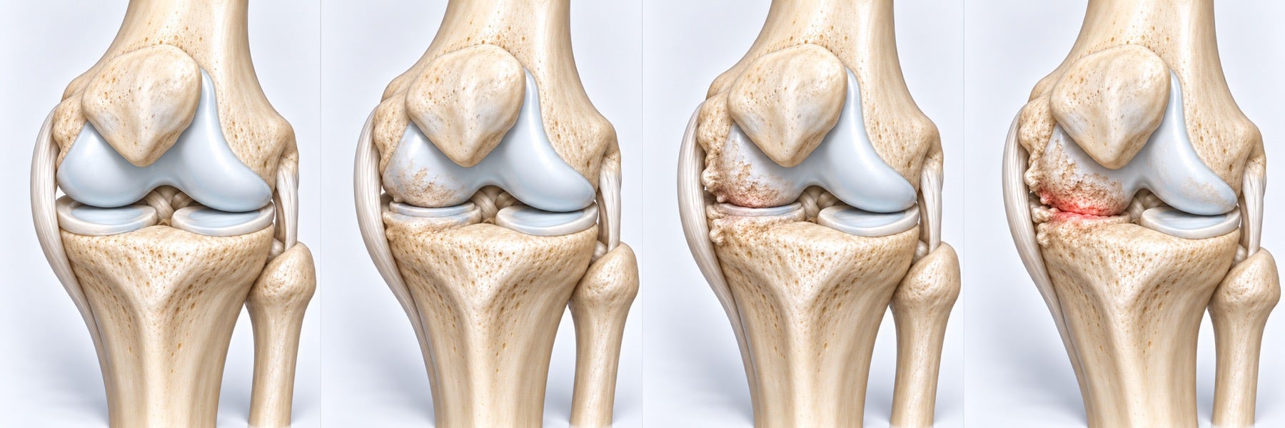 Four illustrative knees showing progressively reduced joint space and cartilage loss.