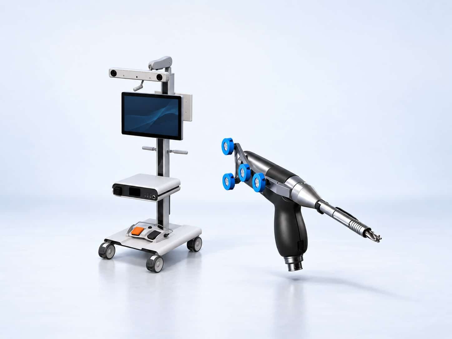 Illustration of a CORI camera and monitor cart with its separate handheld robotic burr, enlarged to show its design.