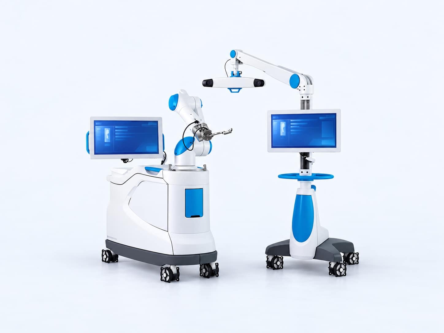 Illustration of the classic ROSA Knee two-cart system, with a white and blue robotic arm and separate optical tracking tower.