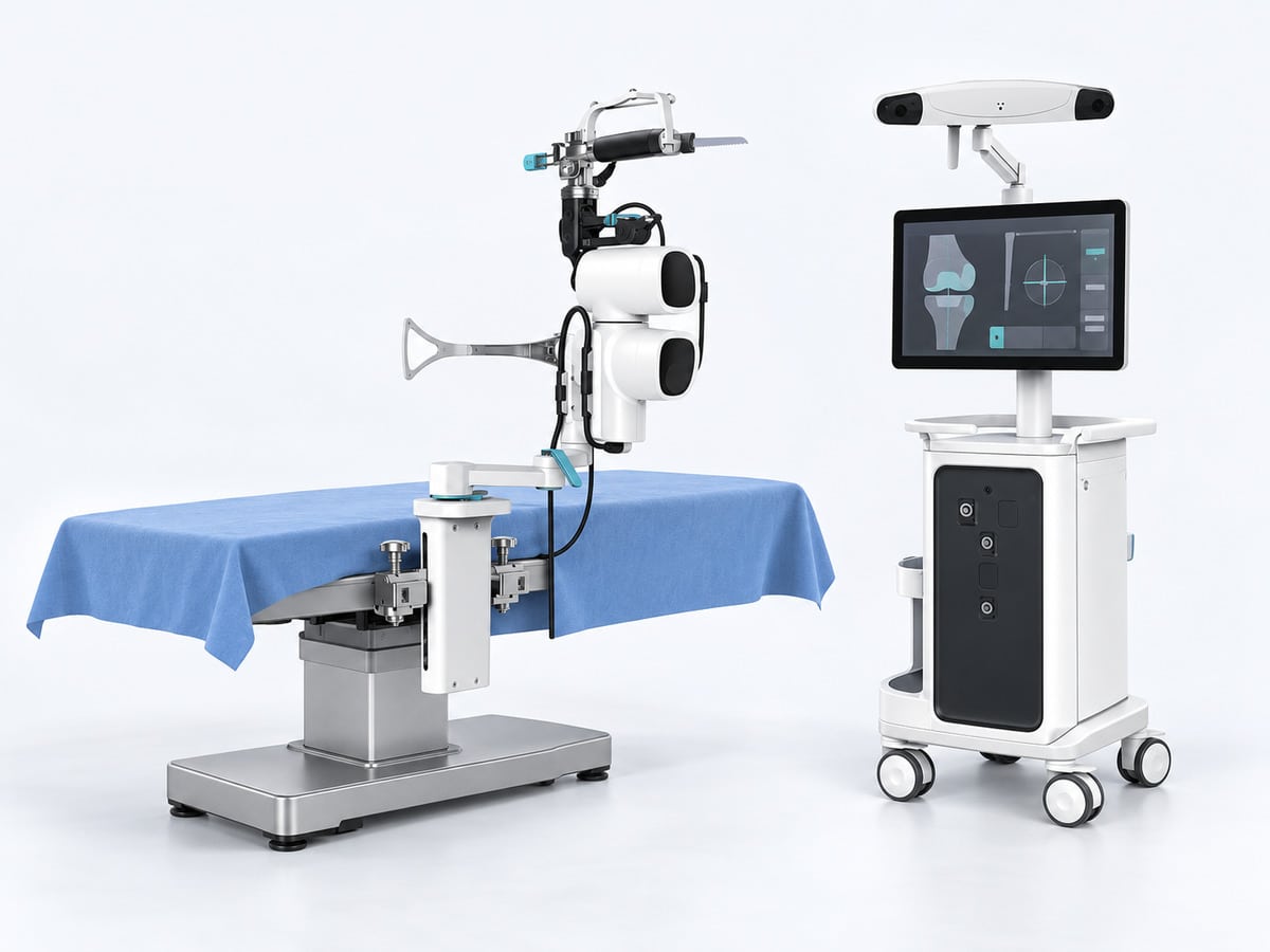 Illustration of the compact VELYS robotic unit attached to a draped operating table, with a separate display and camera station.